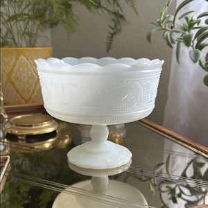 Vintage White Pedestal Bowl with scalloped edges. Milk glass